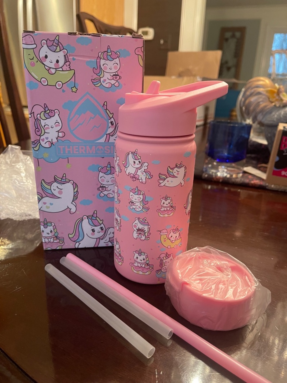 Thermosis Pink Unicorn Kids 14 ounce Bottle two lids and straws nwt